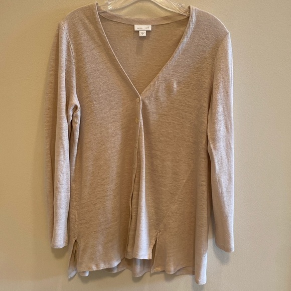 J Jill Linen Artsy V Neck Oatmeal Long Sleeve Cardigan button up size SMALL - Picture 1 of 8